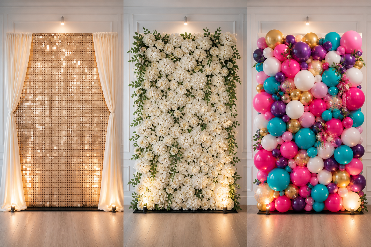 Sample champagne shimmer, white floral, and colorful balloon photo booth backdrops